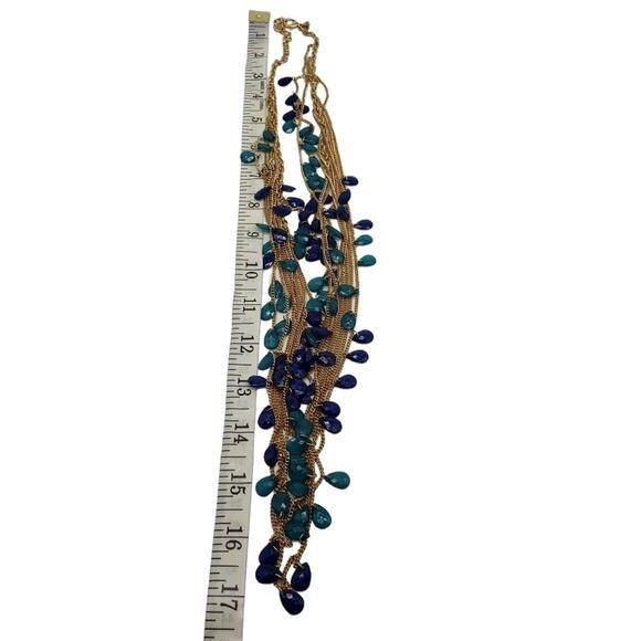 Multilayered Gold Toned Chain with Blue Glass Charms Necklace Adjustable - Picture 3 of 6